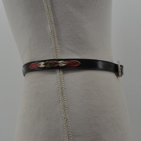 Skinny Leather Belt Western Black Red White Rodeo Cowgirl M - Picture 4 of 11